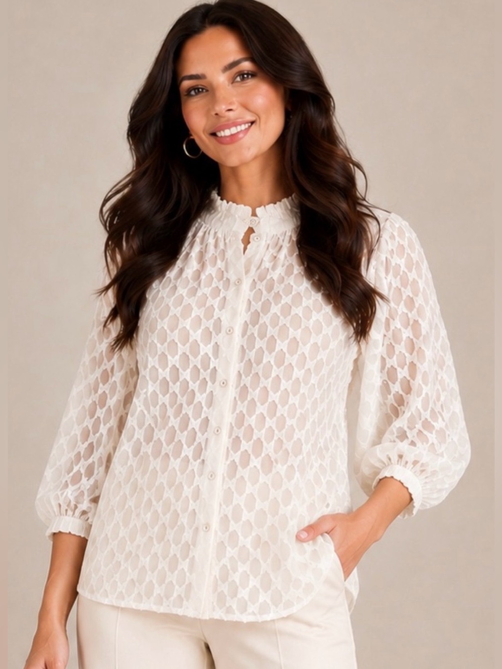NWT Button Front Ivory Textured Flowy Top
Size Large